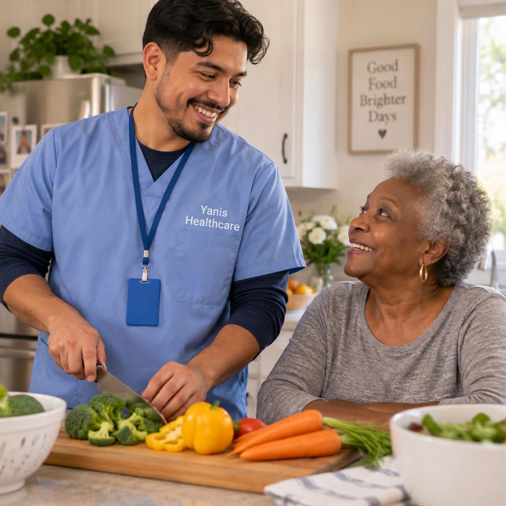 Caregiver preparing a fresh home cooked meal for clients