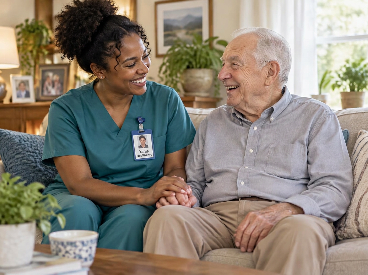 Caregiver holding hands with a smiling elderly client at home